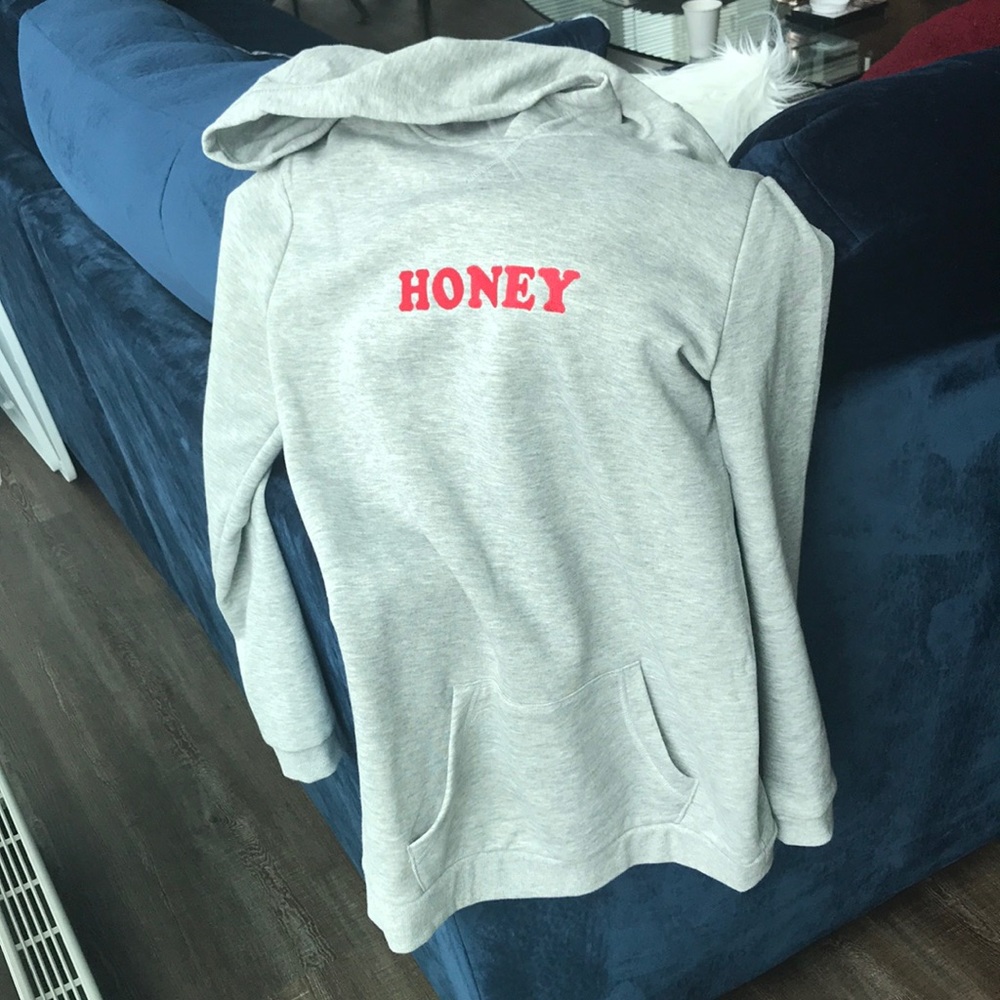 Gray with red letter “HONEY” Sweater dress w/ hood